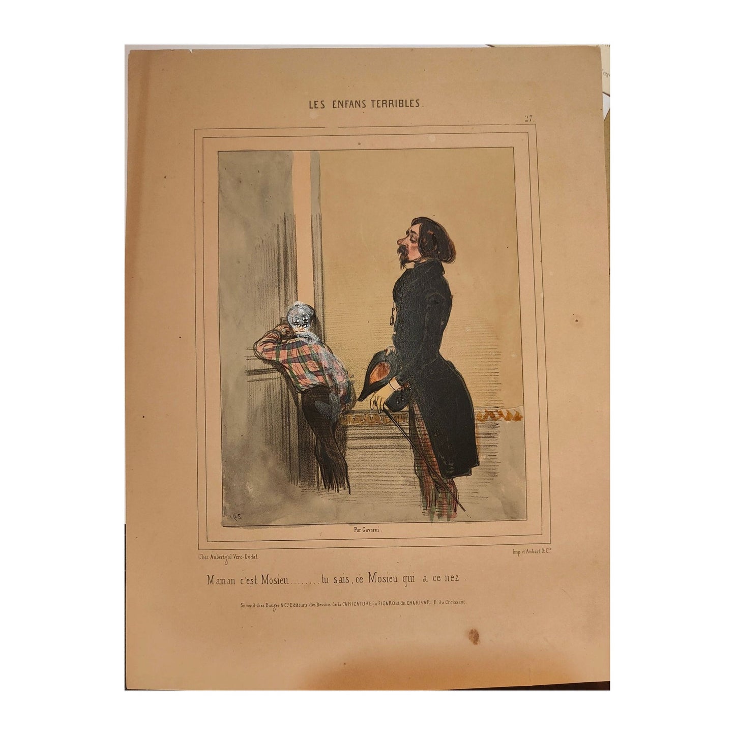 Gravure colorisée Les Enfants Terribles n°291 de Paul Gavarni, œuvre ancienne au charme du XIXᵉ siècle, non encadrée, idéale pour collection ou décoration.