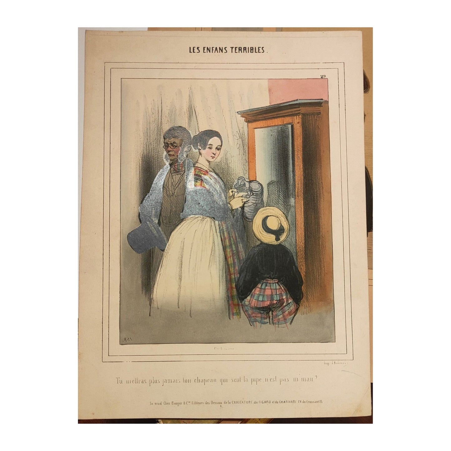 Gravure originale Les Enfants Terribles n°153 de Paul Gavarni, scène humoristique du XIXᵉ siècle, œuvre ancienne pleine de charme et d’expression.