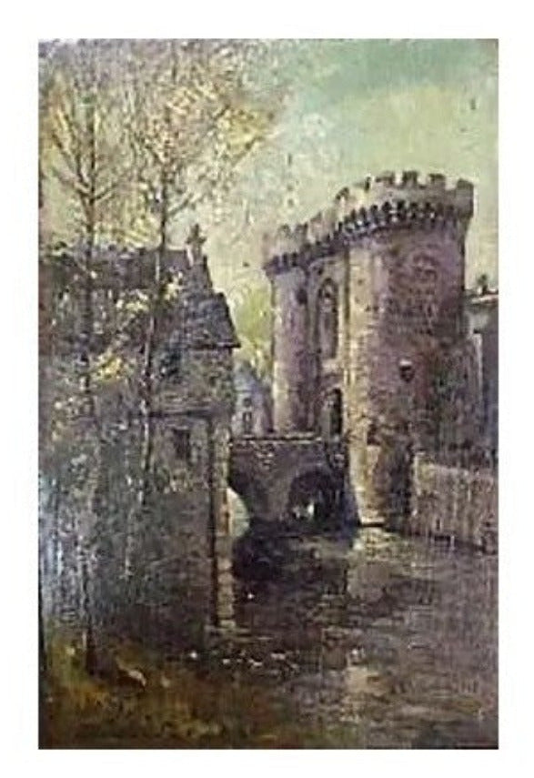 Huile sur panneau Chartres, la Porte Guillaume de Pierre Fleury, œuvre datée de 1931, scène architecturale authentique et expressive, non encadrée.