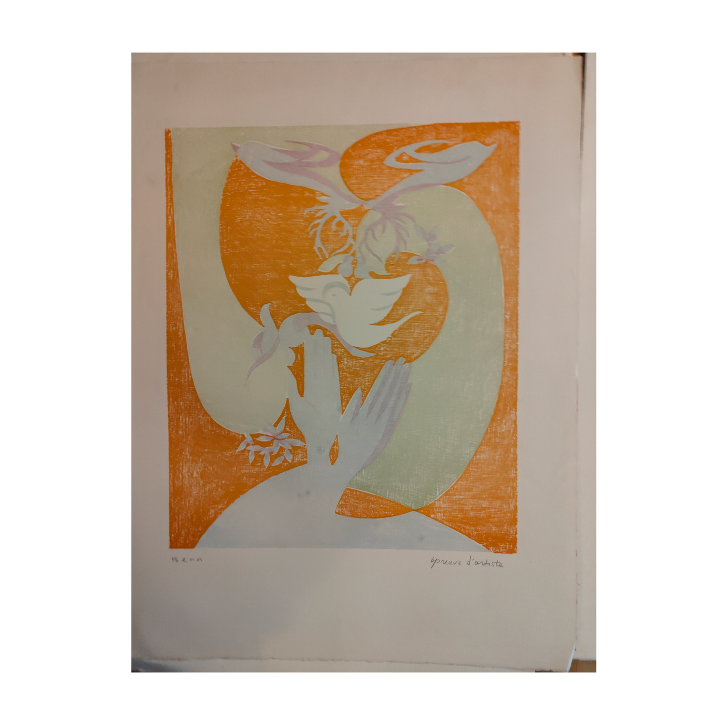 Lithographie Paix et amour de BENN (Bentsion Rabinowicz), tirage en couleurs signé au crayon, épreuve d’artiste EA, œuvre expressive non encadrée.