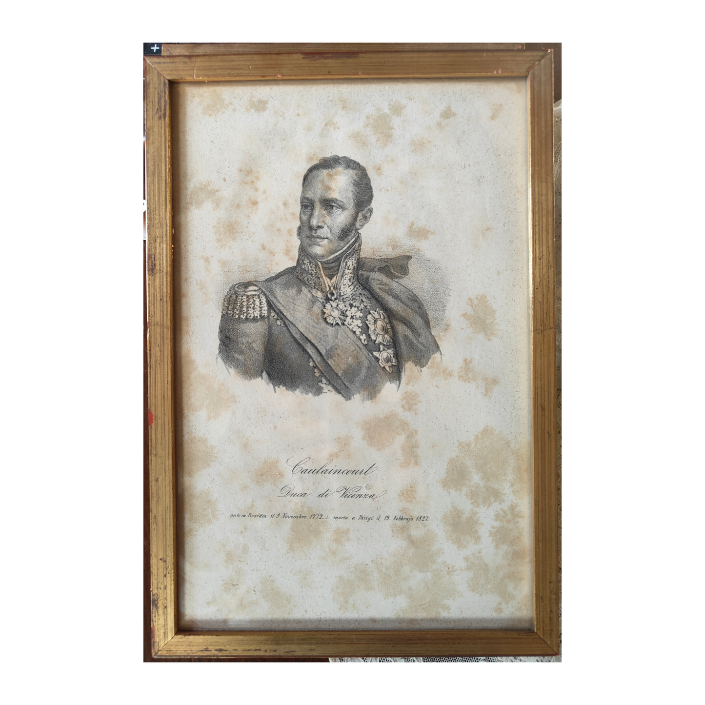 Lithographie ancienne de 1854 par Corbetta (Milan) représentant Armand de Caulaincourt, Duc de Vicence, portrait encadré élégant et rare, 17,3 × 25,5 cm.