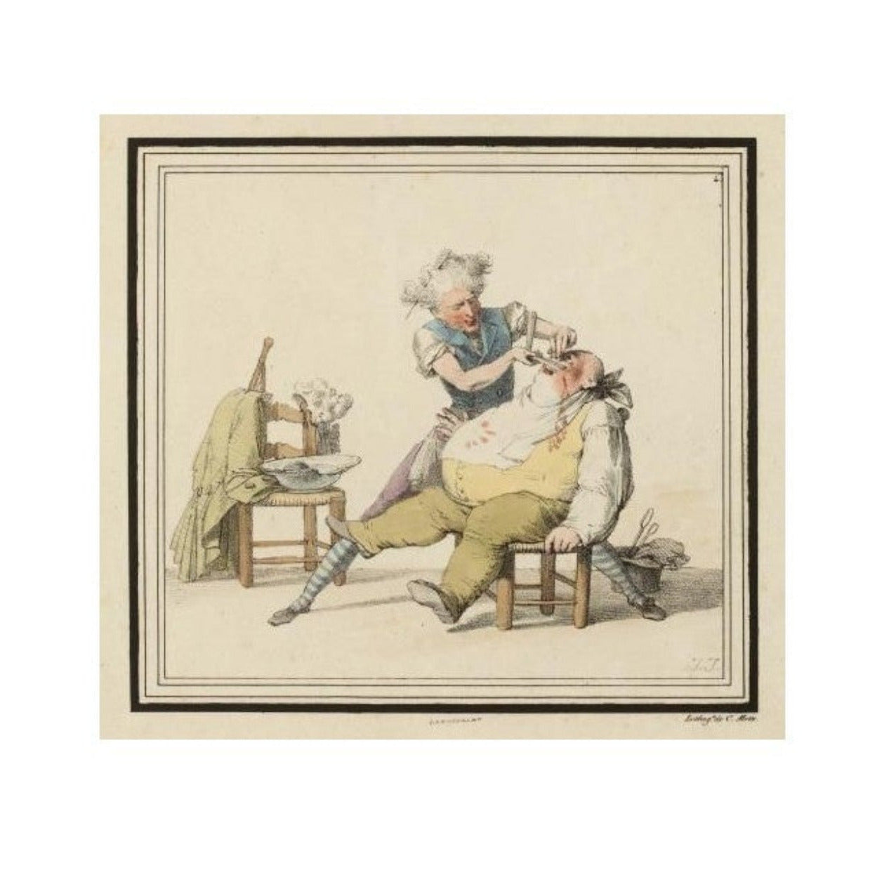 Lithographie coloriée Le Barbier d’Isabey Jean-Baptiste (1818), planche n°4 des Caricatures de J.J., œuvre ancienne encadrée, pièce rare de collection.