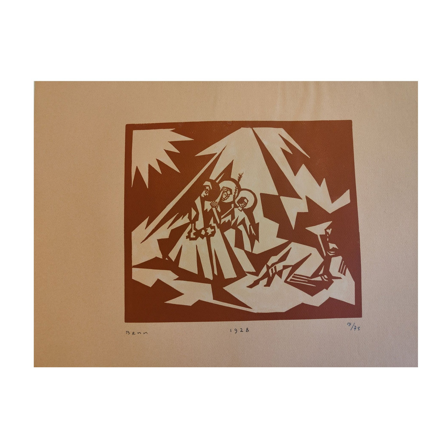 Lithographie monochrome La Crèche de Benn, signée et numérotée 19/75, datée 1928, estampe rare au graphisme délicat et au thème spirituel.