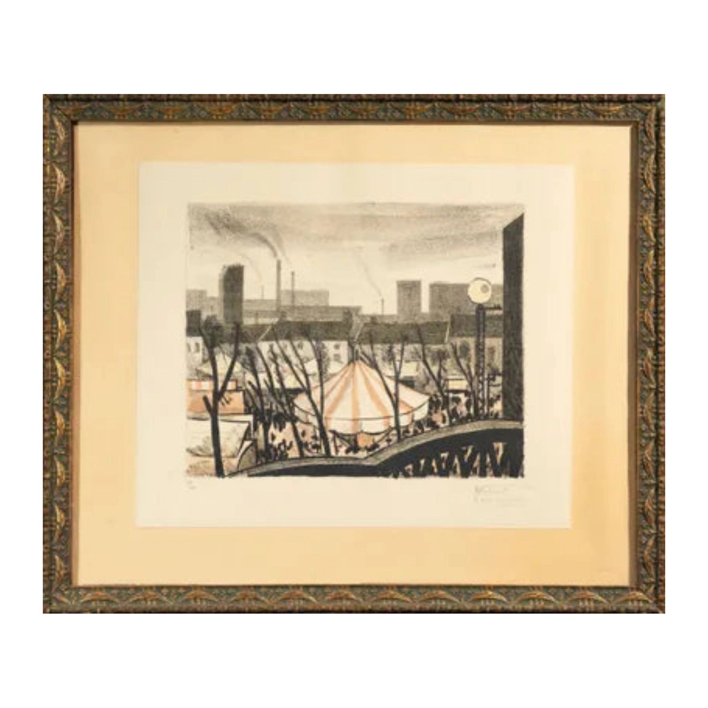 Lithographie originale Fête foraine – Manège de Louis Robert Antral, signée et numérotée 7/25, tirage en couleur vibrant, œuvre encadrée élégante et festive.