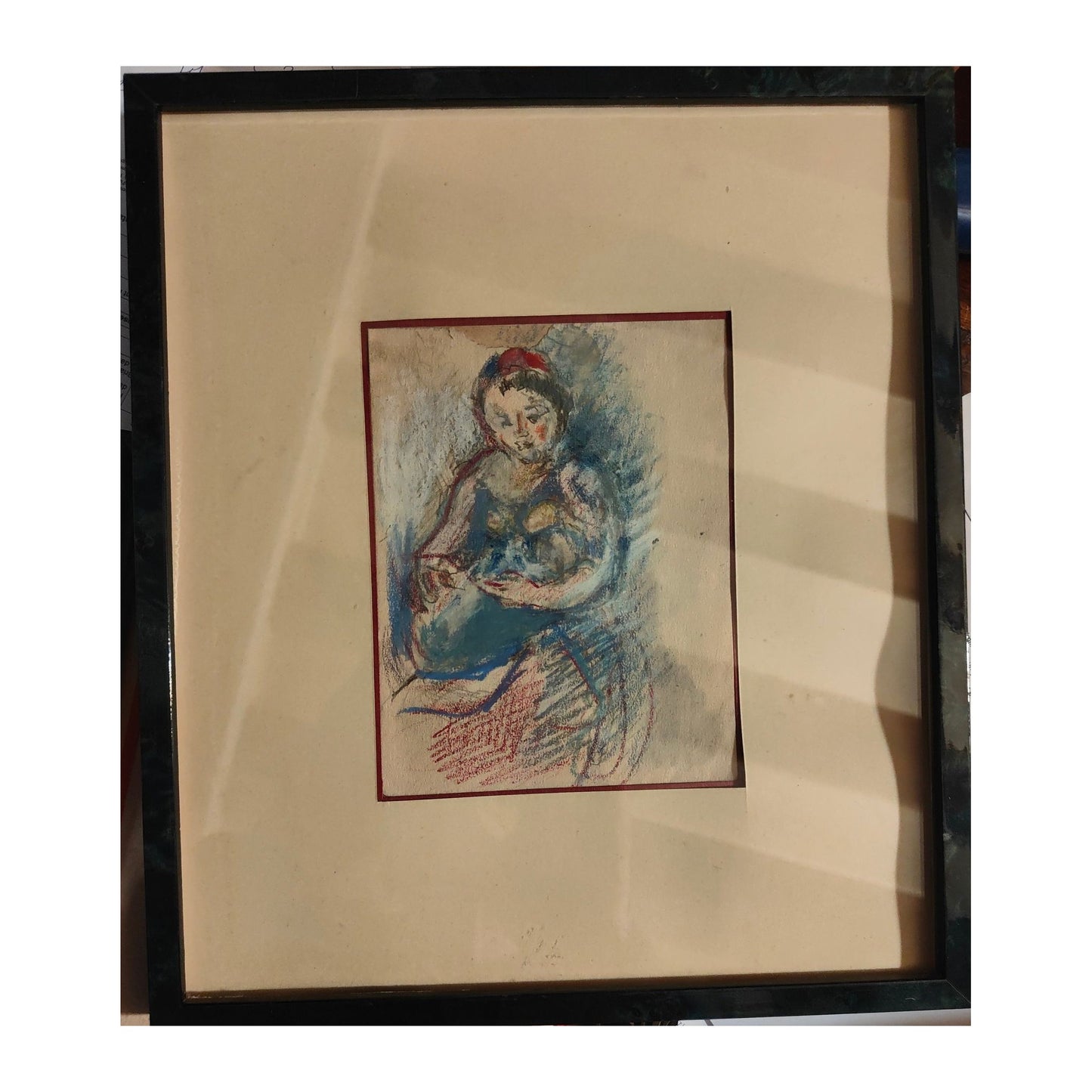 Pastel original Maternité attribué à Michel Kikoïne, non signé mais mentionné au dos, œuvre expressive aux tons délicats, idéale pour collection d’art moderne.