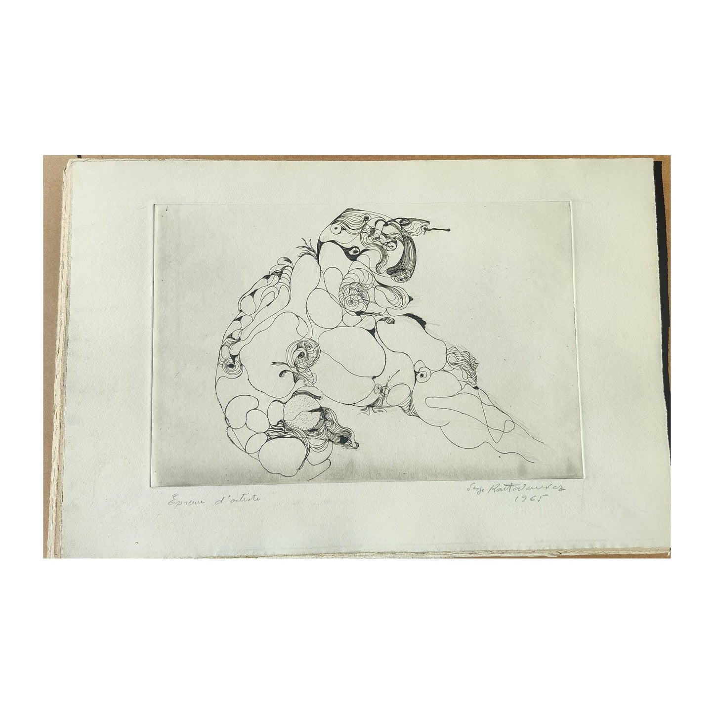 Gravure abstraite en noir et blanc de Serge Kantorowitz, eau-forte originale épreuve d’artiste signée et justifiée