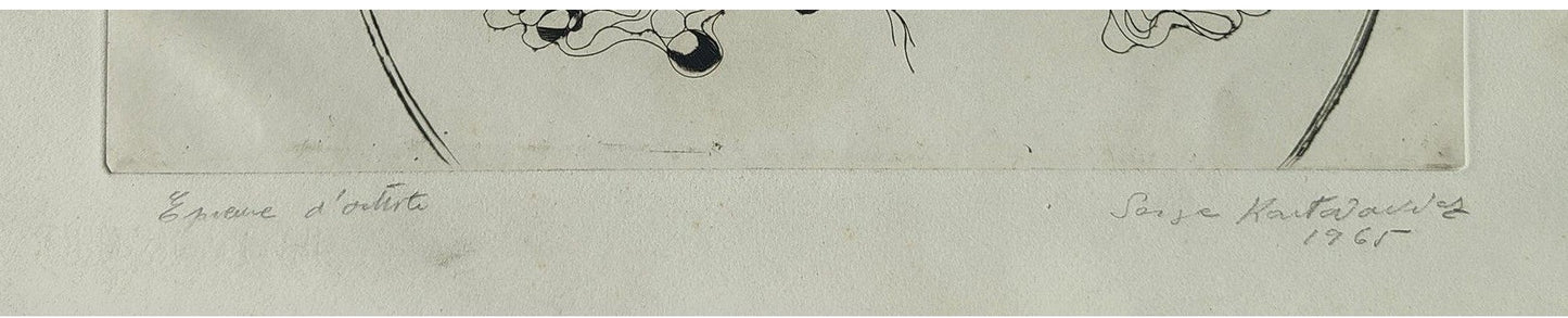 Gravure abstraite en noir et blanc de Serge Kantorowitz, eau-forte originale épreuve d’artiste signée et justifiée