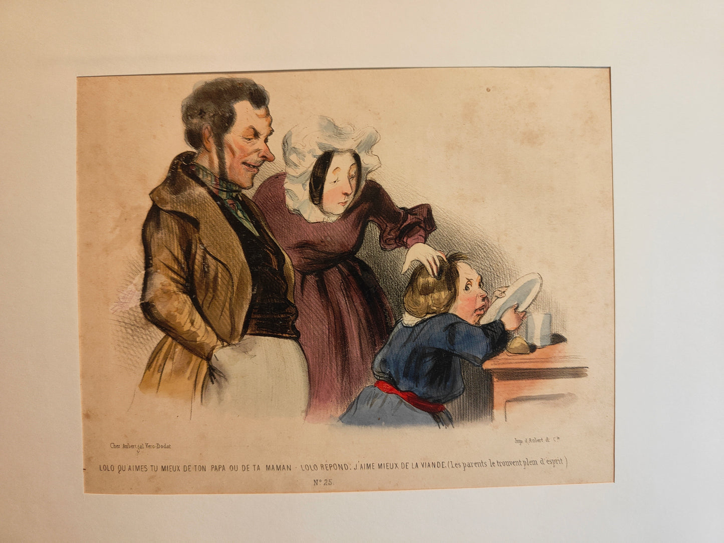 Lolo, Qu’aimes-tu Mieux lithographie originale colorisée Honoré Daumier non signée scène caricaturale art graphique XIXe siècle