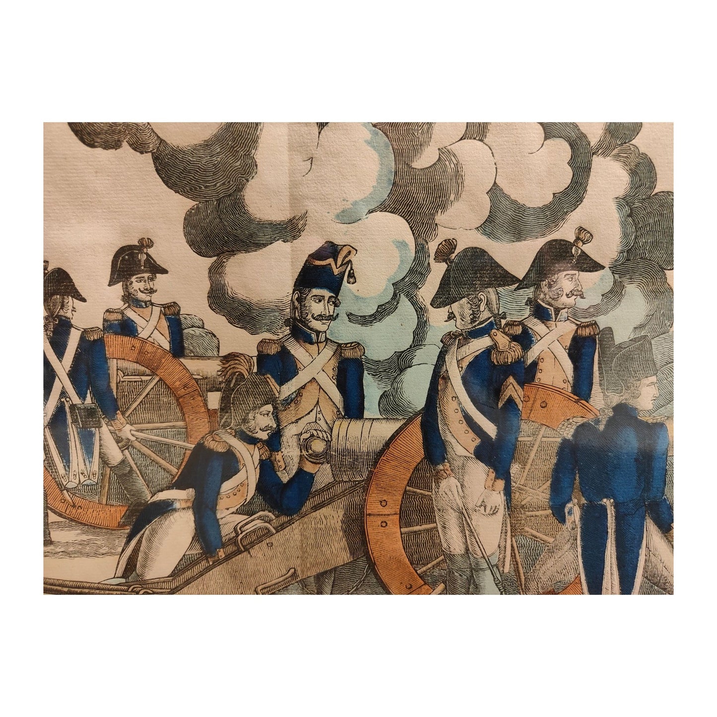 Gravure ancienne en couleurs représentant Napoléon au siège de Toulon, imagerie Pellerin d’Épinal XIXe siècle, estampe encadrée sous verre avec pliure au centre.