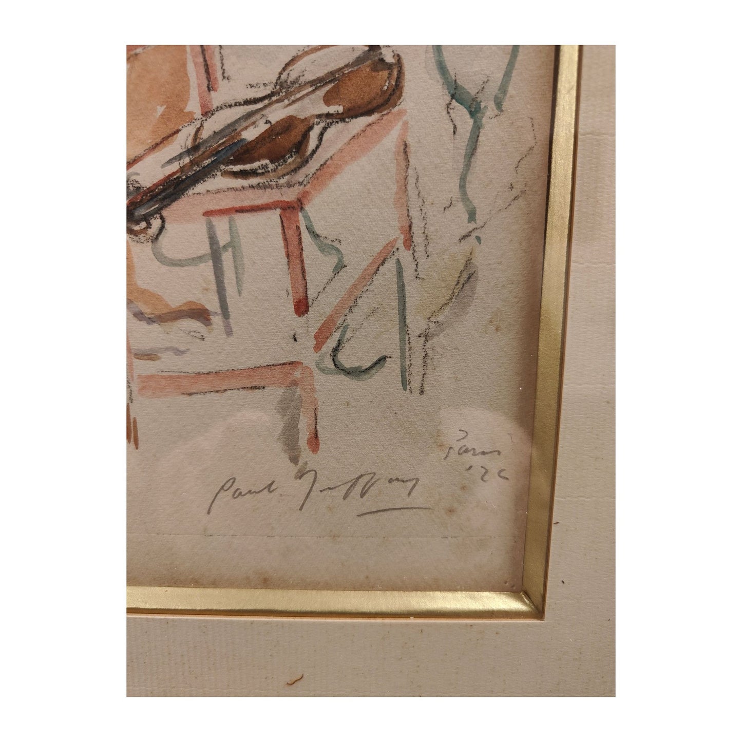 Aquarelle portrait de clown 1924, signée Paul Jeffay, scène parisienne encadrée 35x42cm