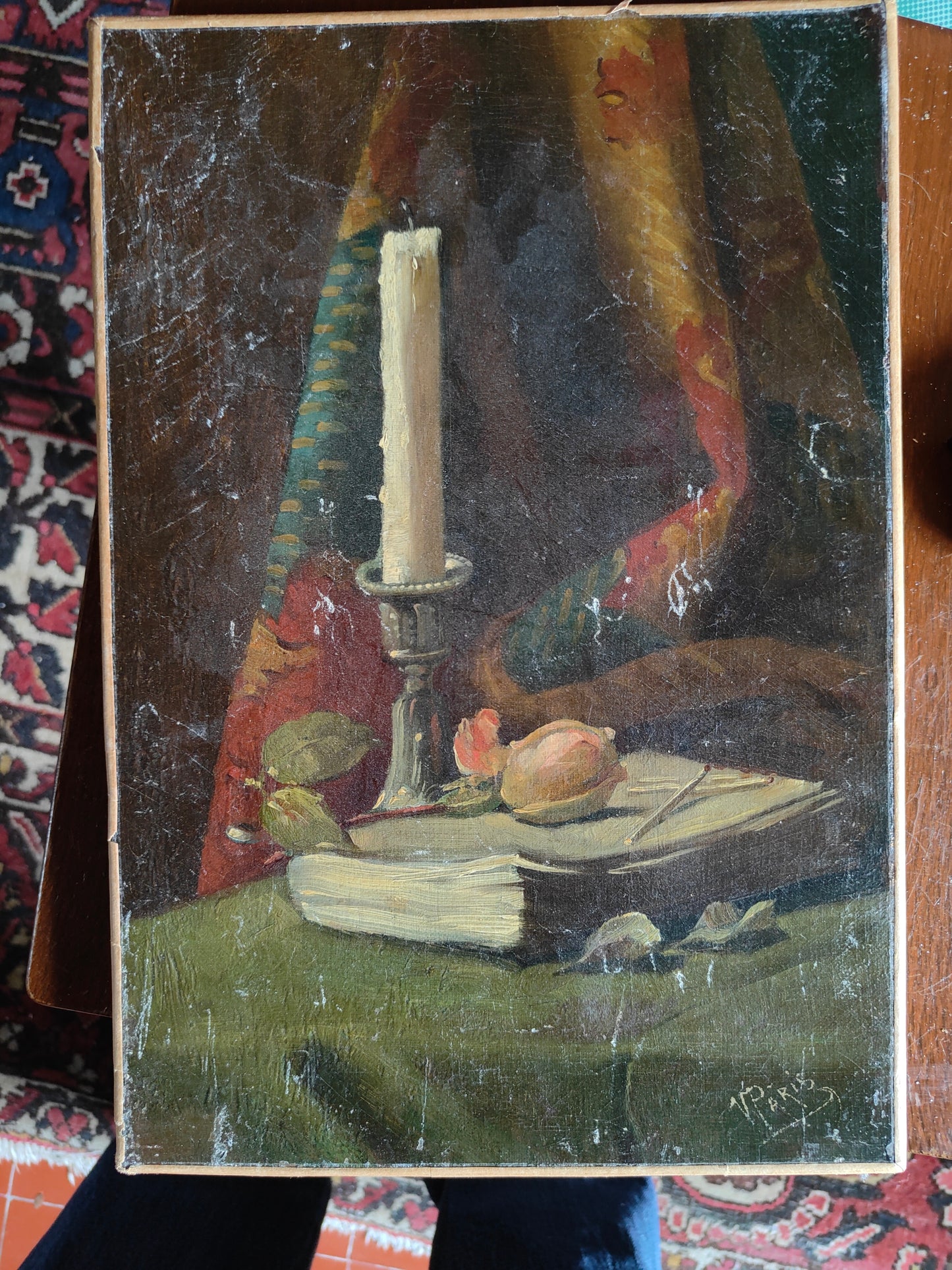 Nature morte à la bougie huile sur toile composition florale et lumière scène intime art moderne