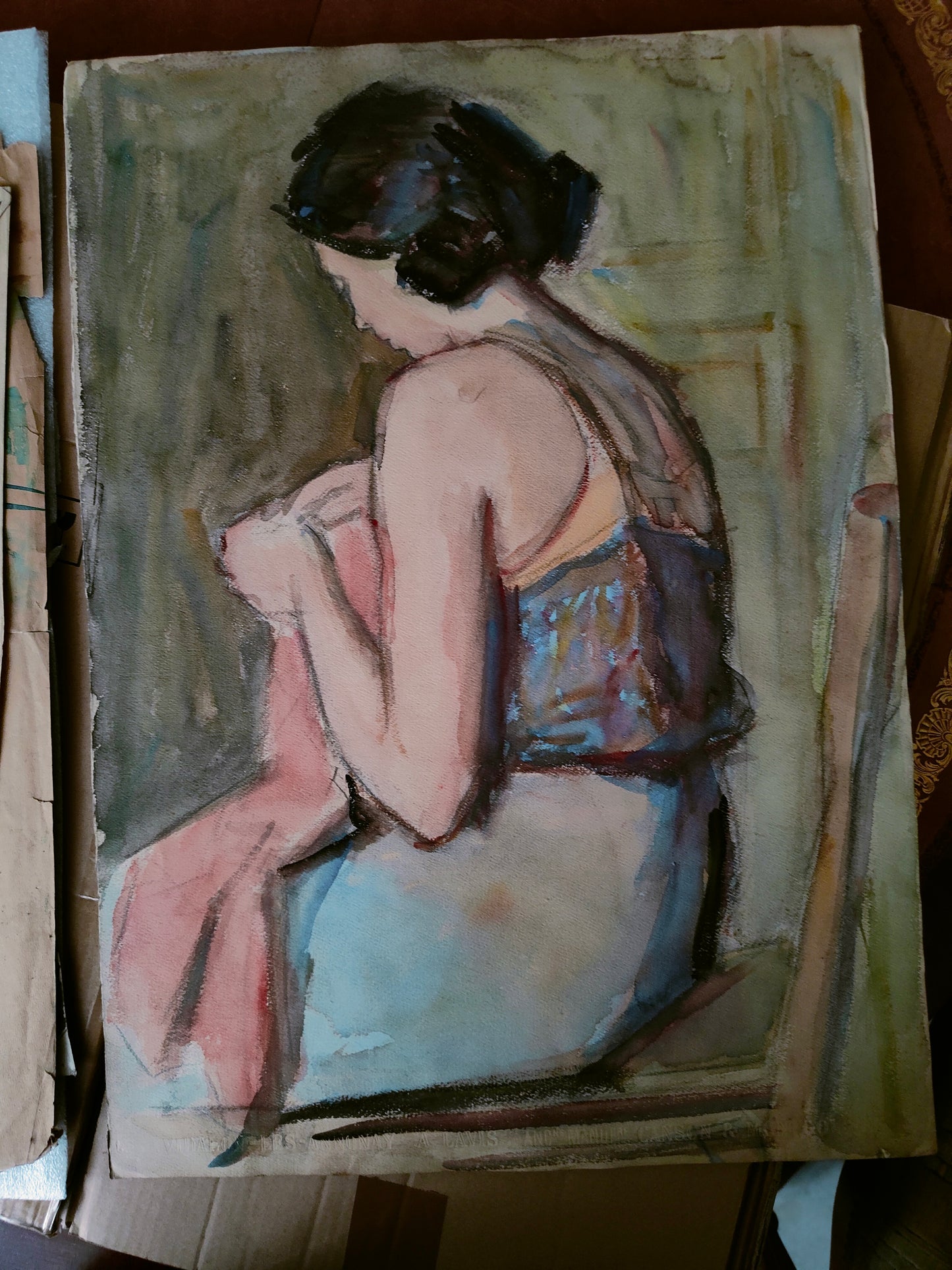 Femme Cousant aquarelle Abraham Weinbaum École de Paris scène intimiste art moderne français 55x72 cm 700 euros