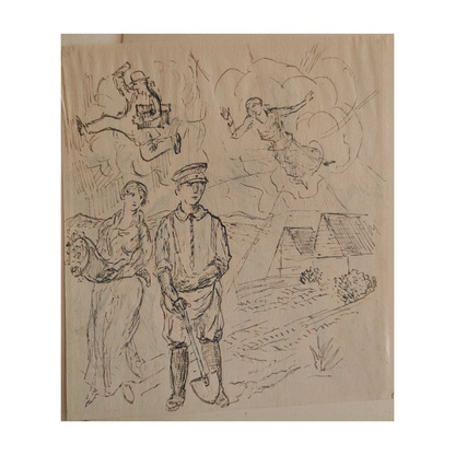 Paysan Couple au verso dessin Lothar Homeyer scène rurale recto verso art allemand authentique