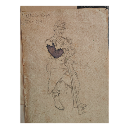 Enclos et Soldat aquarelle dessin Elfriede Mayer recto verso scène militaire art allemand authentique