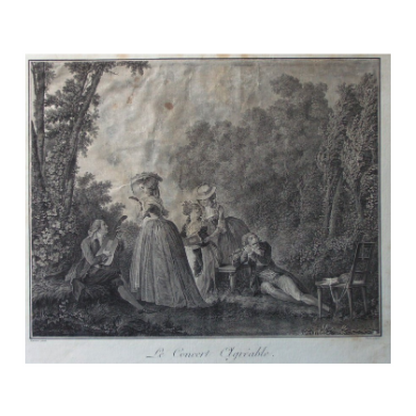 Copie partielle du « Concert Agréable » gravure d'après Varin sur œuvre du peintre suédois Lavreince scène musicale art graphique
