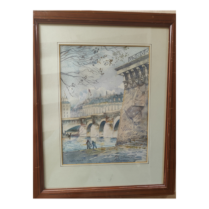 Le Pont Neuf à Paris aquarelle signature non reconnue architecture parisienne Seine art français 1910 37x46 cm 350 euros