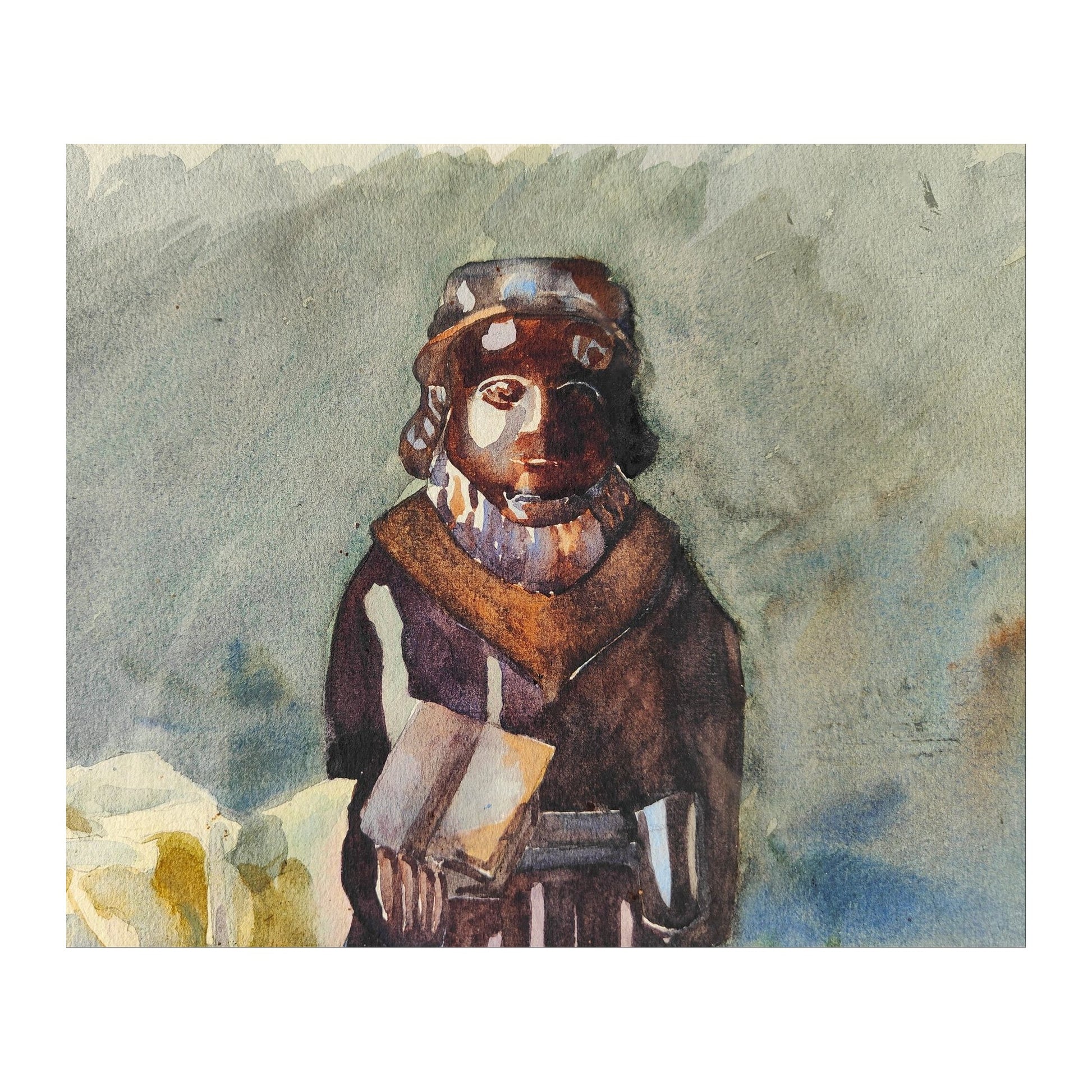 Grande aquarelle non signée représentant des roses blanches à côté d’une statuette, présentée dans un encadrement élégant