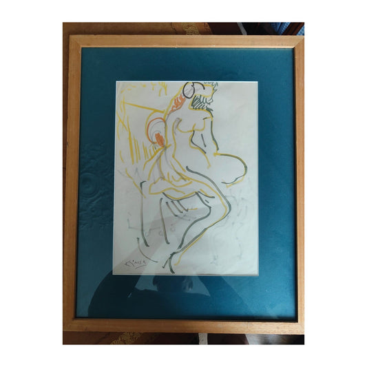 Dessin original Femme nue assise de Ludwik Klimek, réalisé au feutre multicolore et signé, œuvre authentique encadrée à vendre en galerie.