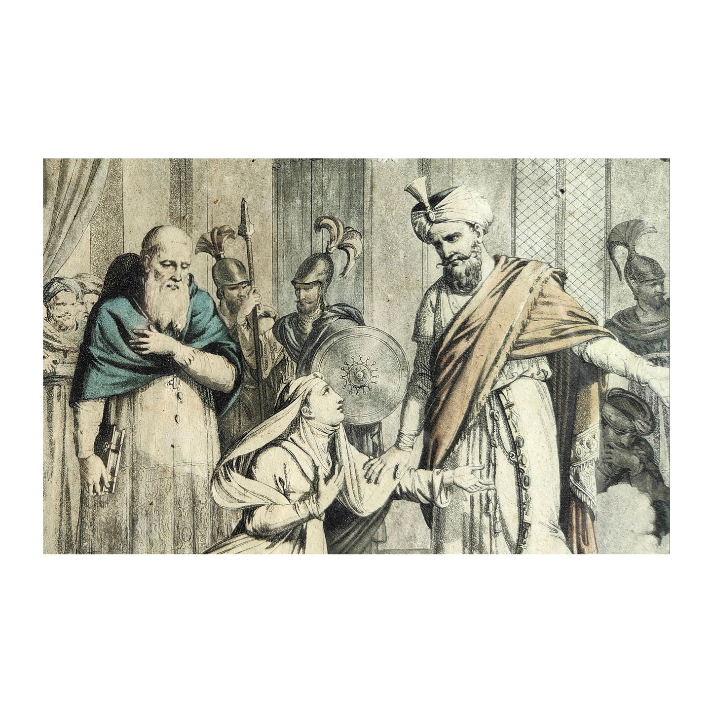 Gravure colorisée du 18e siècle intitulée Mathilde demande à Saladin le corps de Malek Adhel, imprimée par Pierre Michel Alix, encadrée sous verre 44 x 55 cm avec vitre à remplacer