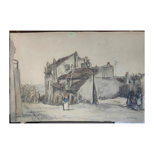 La Maison de Mimi Pinson à Montmartre par Saül Yaffie, aquarelle sur carton fort signée, titrée et datée 1923, vue d’une maison de Montmartre, format 52 x 35 cm.