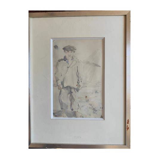 Dessin aquarellé représentant le portrait en pied d’un jeune garçon, œuvre non signée bien encadrée au format 29,5 x 39 cm