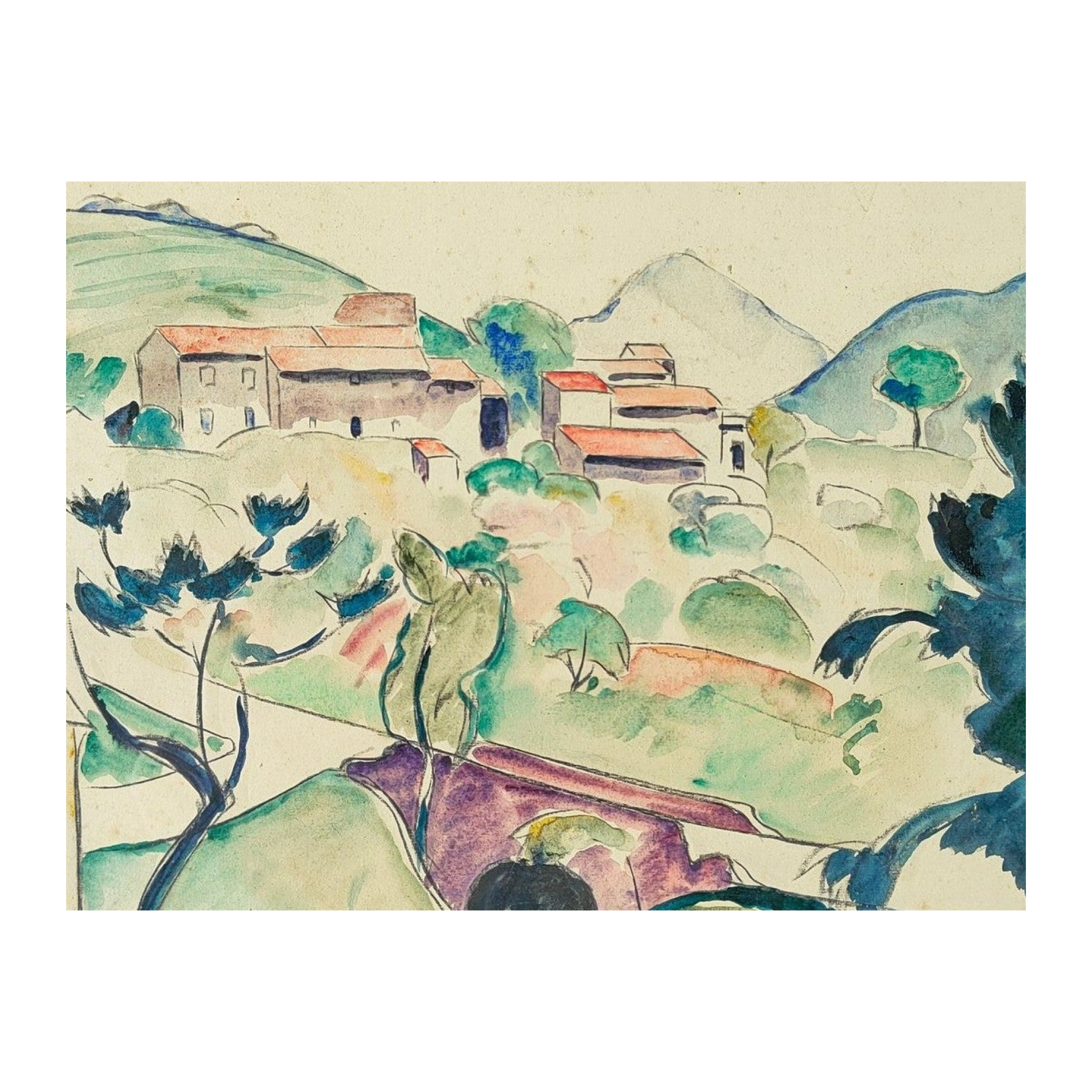 Aquarelle signée de Charles Picart Ledoux intitulée Le Village, représentant un paysage de village, présentée dans un encadrement élégant