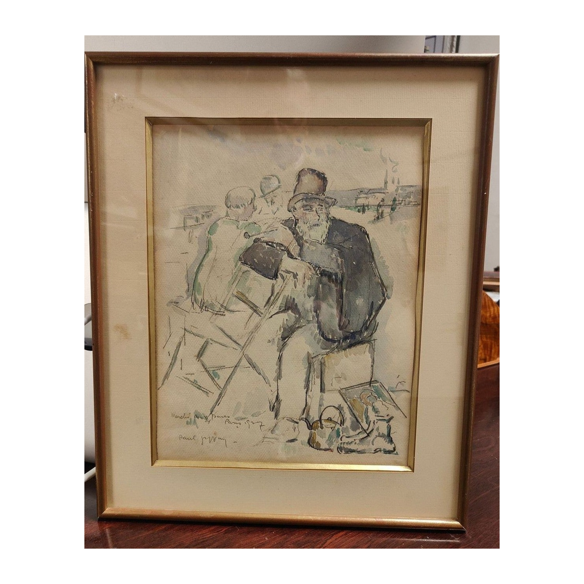  Aquarelle marché aux puces Paris 1927, scène de rue parisienne, signée Paul Jeffay, encadrée 35x42cm 