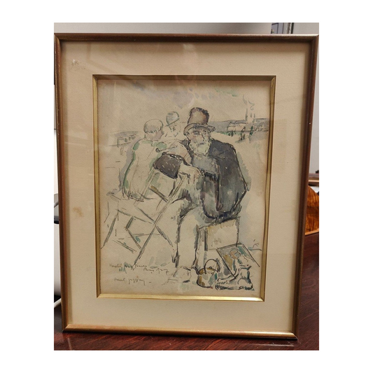  Aquarelle marché aux puces Paris 1927, scène de rue parisienne, signée Paul Jeffay, encadrée 35x42cm 
