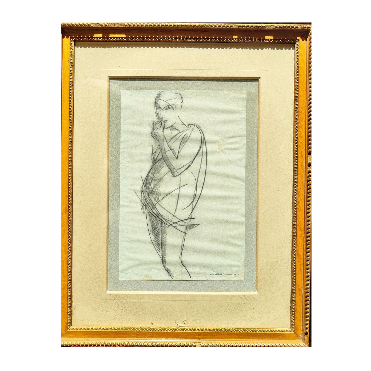 Dessin de 1913 signé par Luc Albert Moreau intitulé Femme enceinte, œuvre encadrée au format 45 x 56 cm, représentant une femme enceinte dans un style moderne