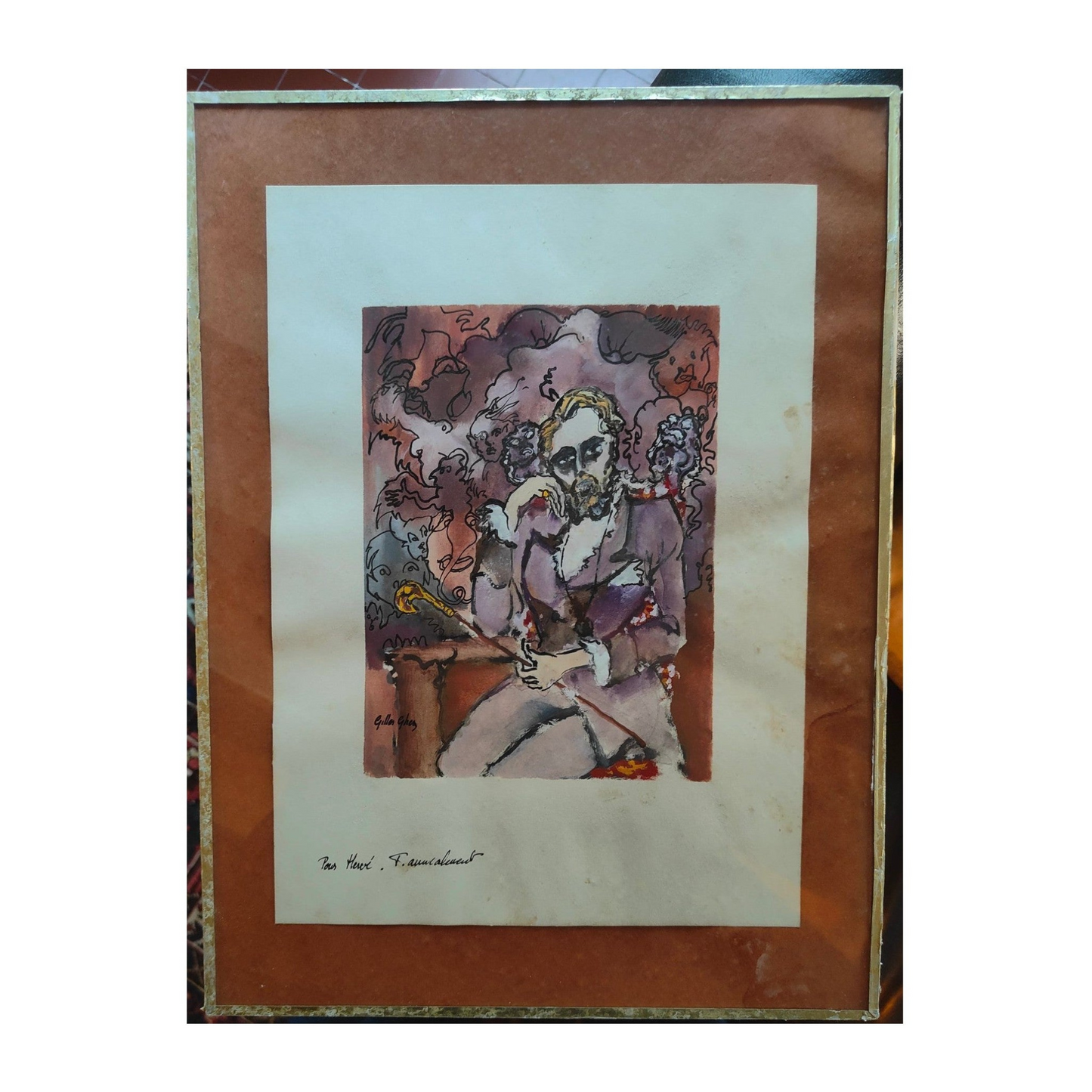 Œuvre originale Rêveries de Gilles Ghez, technique mixte sur papier signée et dédicacée à la main “Pour Hervé”, encadrée sous verre, à collectionner.