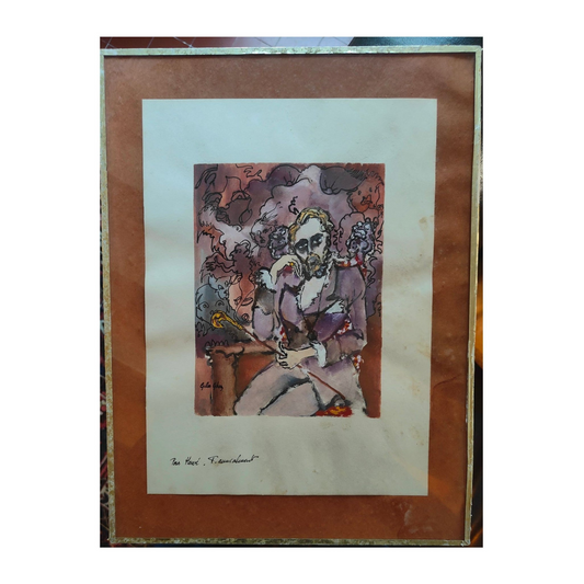 Œuvre originale Rêveries de Gilles Ghez, technique mixte sur papier signée et dédicacée à la main “Pour Hervé”, encadrée sous verre, à collectionner.
