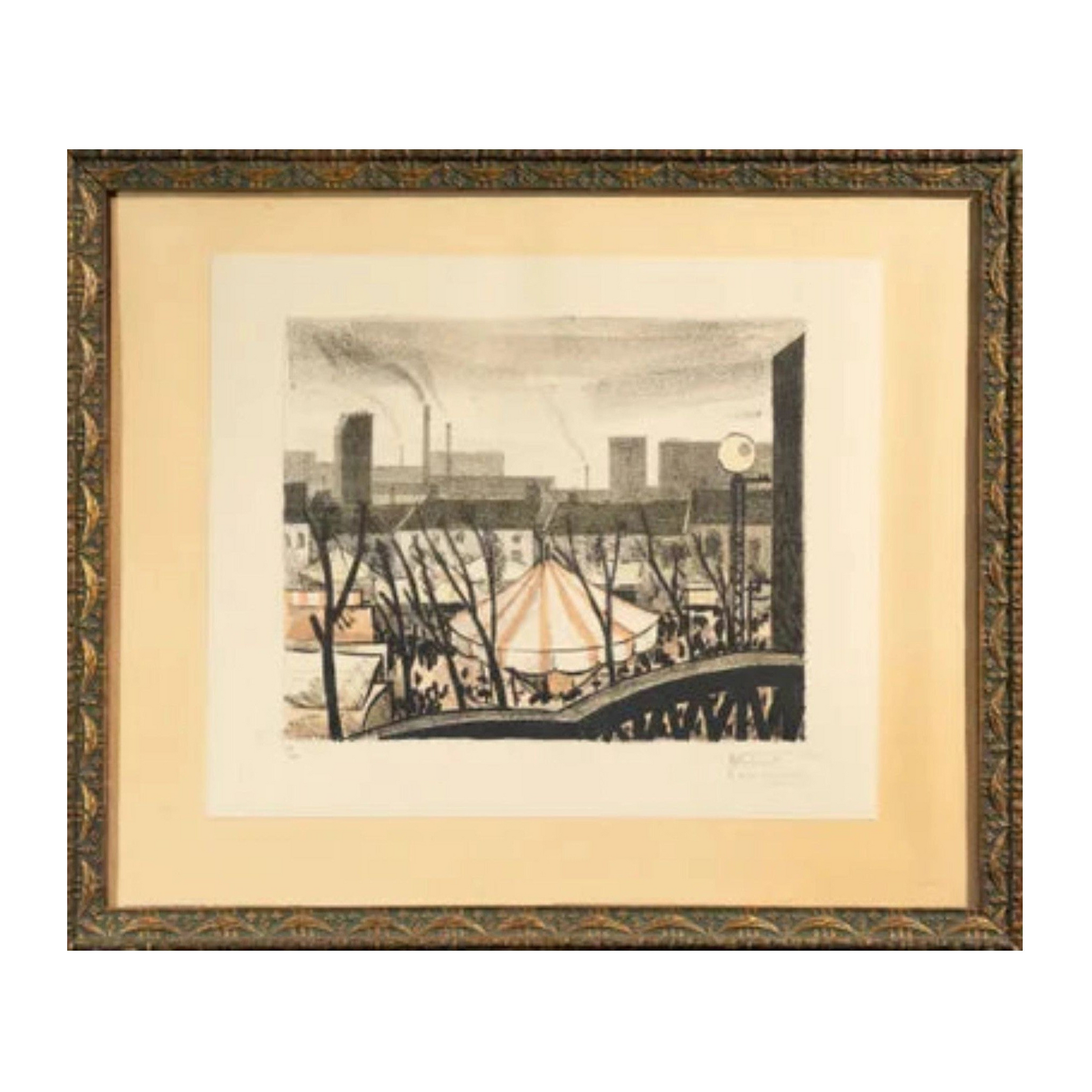 Lithographie originale Fête foraine – Manège de Louis Robert Antral, signée et numérotée 7/25, tirage en couleur vibrant, œuvre encadrée élégante et festive.