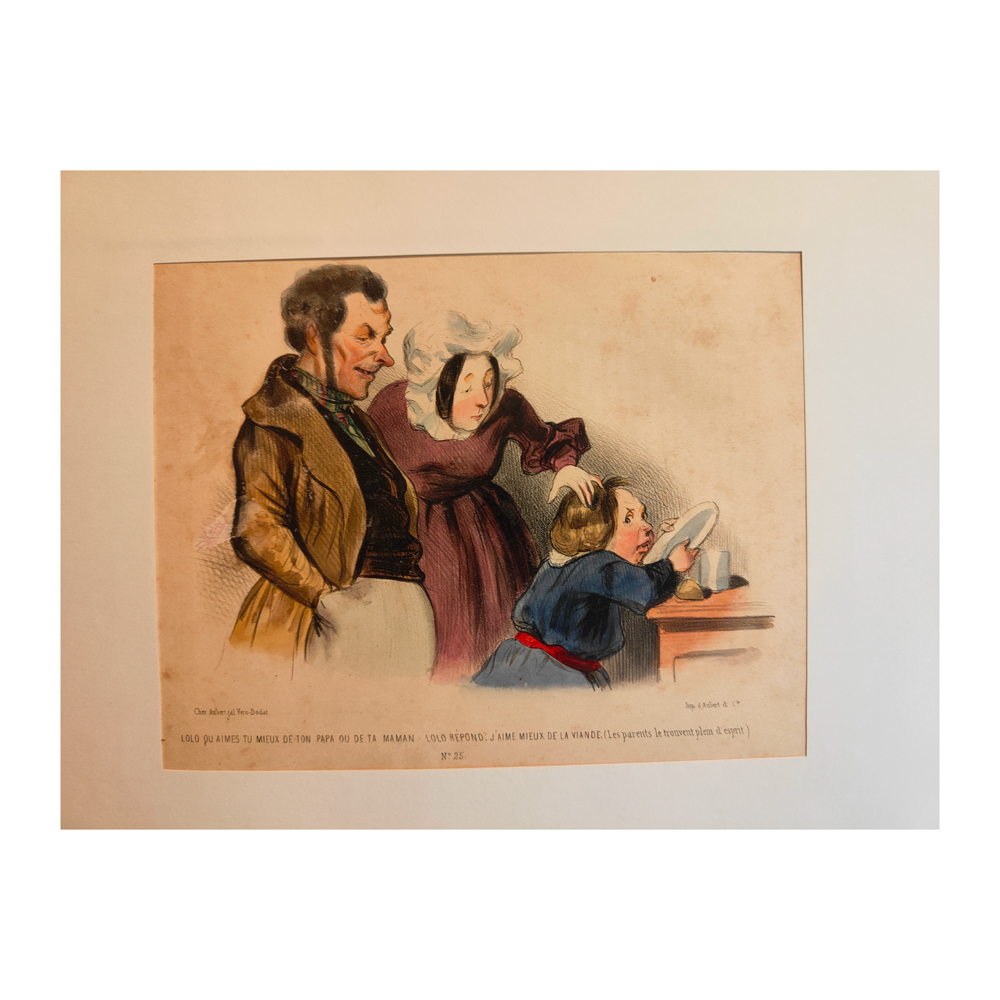 Lolo, Qu’aimes-tu Mieux lithographie originale colorisée Honoré Daumier non signée scène caricaturale art graphique XIXe siècle
