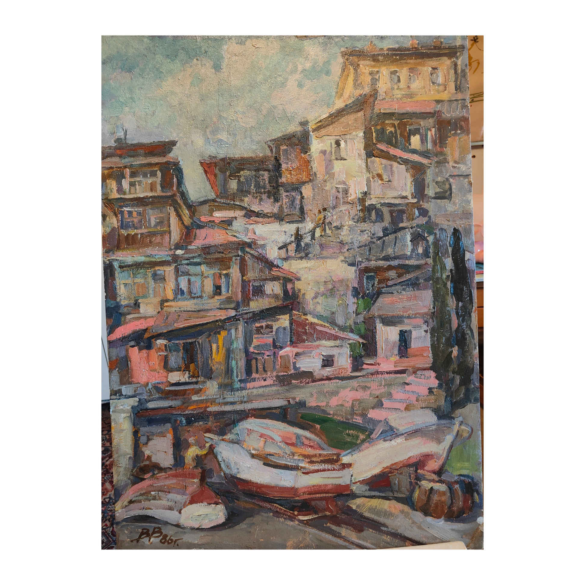 Peinture originale Vue de Hourzouf en Crimée de Viktor Vikhtinsky, œuvre signée du peintre russe, scène lumineuse et détaillée, idéale pour collectionneurs.