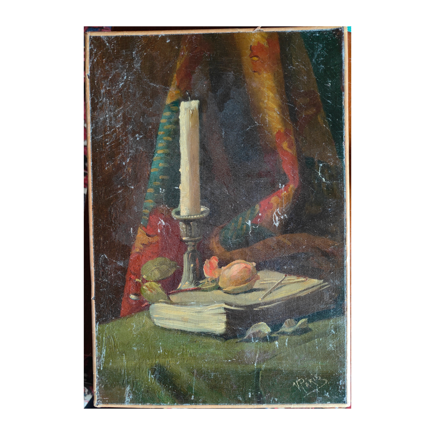 Nature morte à la bougie huile sur toile composition florale et lumière scène intime art moderne
