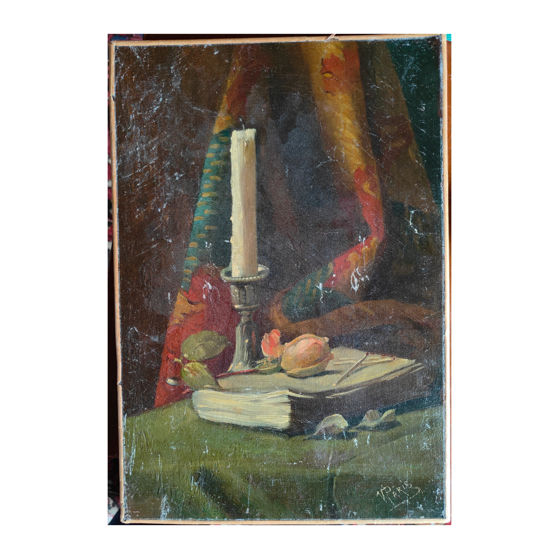 Nature morte à la bougie huile sur toile composition florale et lumière scène intime art moderne
