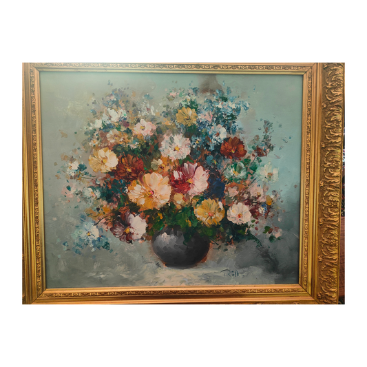 Bouquet de fleurs – Huile sur toile, cadre doré, signé Röth