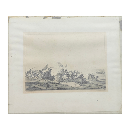 Nicolas-Toussaint CHARLET (1792-1845) – Choc de cavalerie contre les troupes russes (Cosaques et Bachkirs) – Dessin original au graphite.