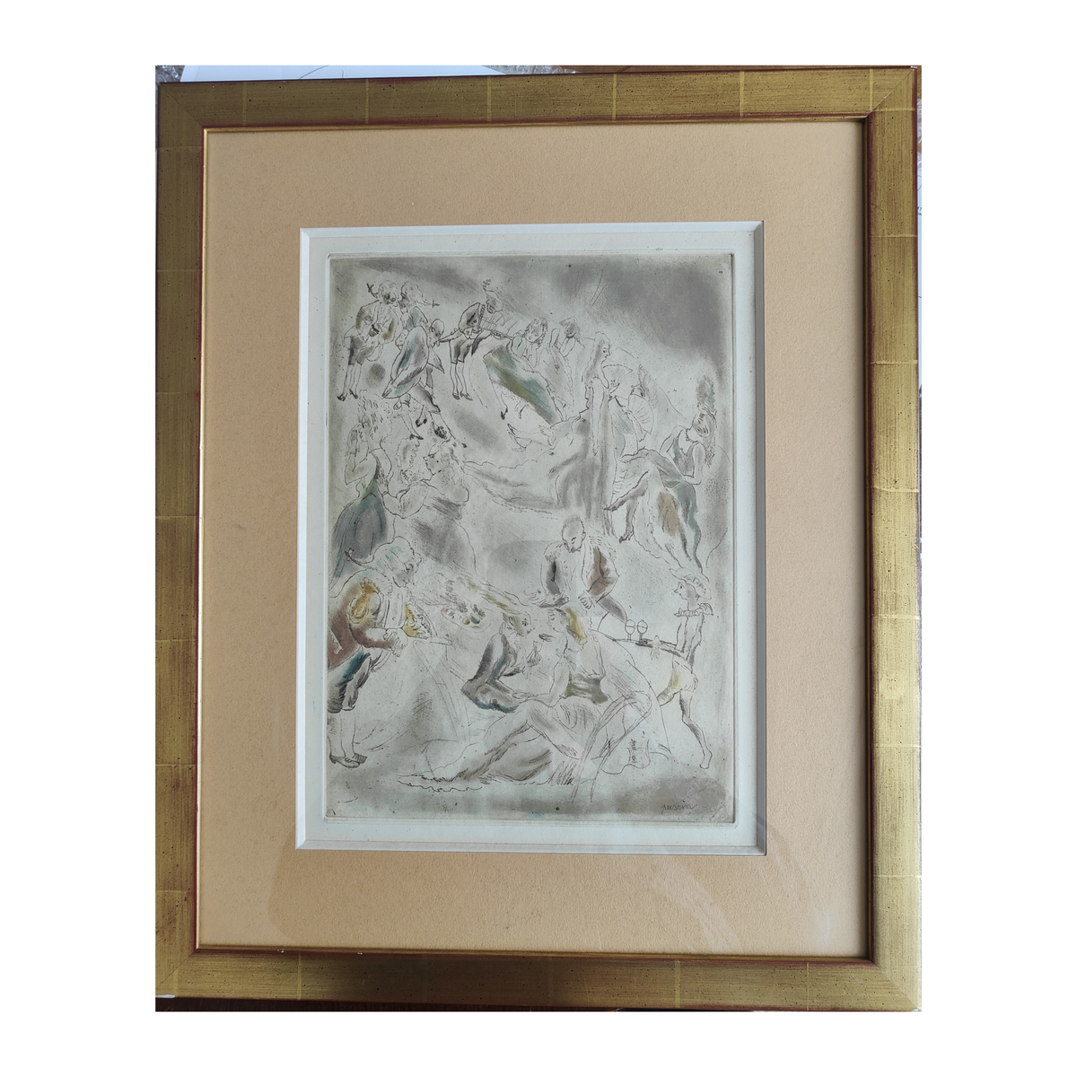 Gravure originale Au bal pour Charles Perrault, Cendrillon de Jules Pascin, eau-forte et pointe sèche en couleurs sur papier vélin, signée, encadrée élégamment.