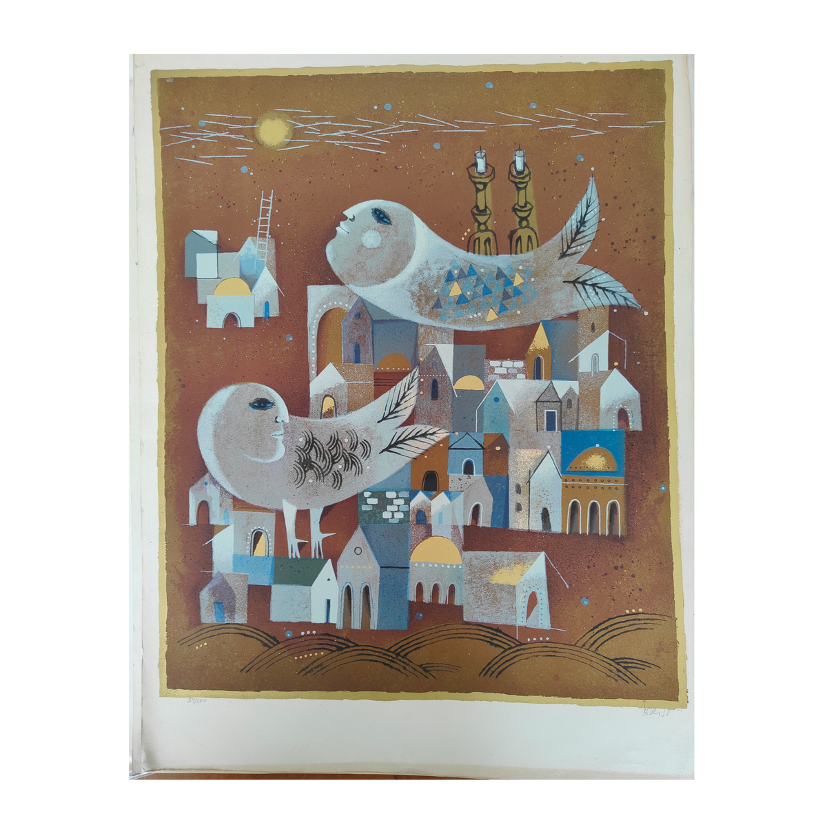 Migratory Birds lithographie Samy Briss oiseaux migrateurs vol scène naturelle art graphique contemporain
