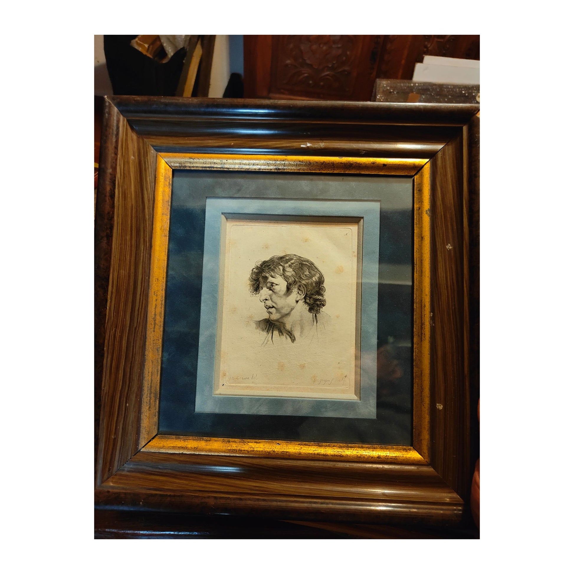 Eau-forte du XVIIIᵉ siècle Portrait d’homme d’après J.-B. Greuze, gravée par F.-R. Ingouf, estampe ancienne élégamment encadrée sous verre, œuvre de collection.