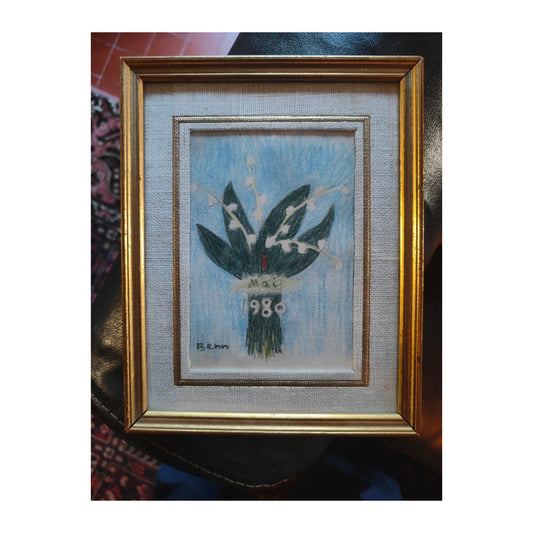 Dessin original Muguet du 1er Mai 1980 de Benn (Bentsion Rabinowicz), réalisé au crayon de couleur et encadré, œuvre tendre et lumineuse à collectionner.