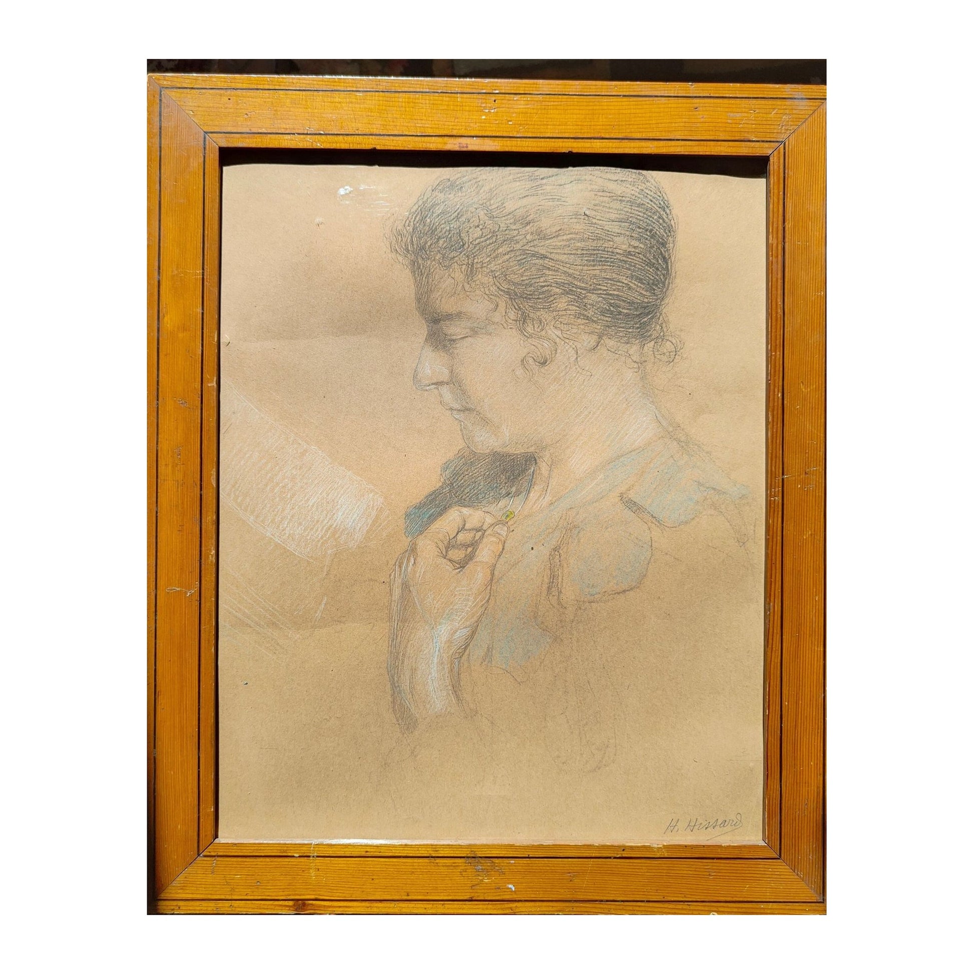 Dessin au crayon représentant un portrait de femme par Henri Hissard, œuvre graphique moderne au trait délicat