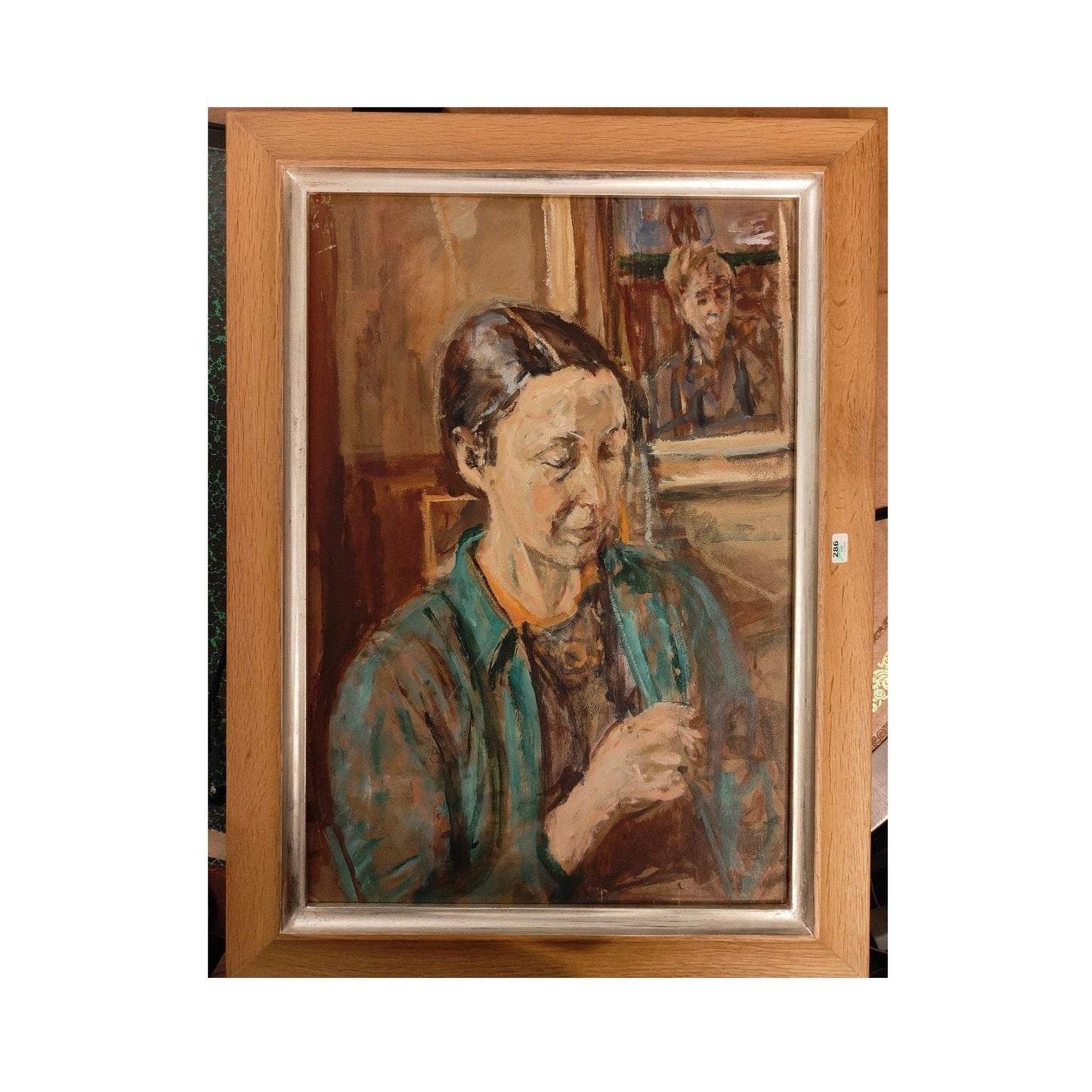 Huile sur toile "La tricoteuse appliquée" par Isaac Dobrinski, portrait de femme tricotant, tableau encadré 