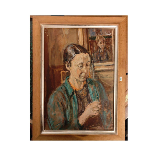 Huile sur toile "La tricoteuse appliquée" par Isaac Dobrinski, portrait de femme tricotant, tableau encadré 