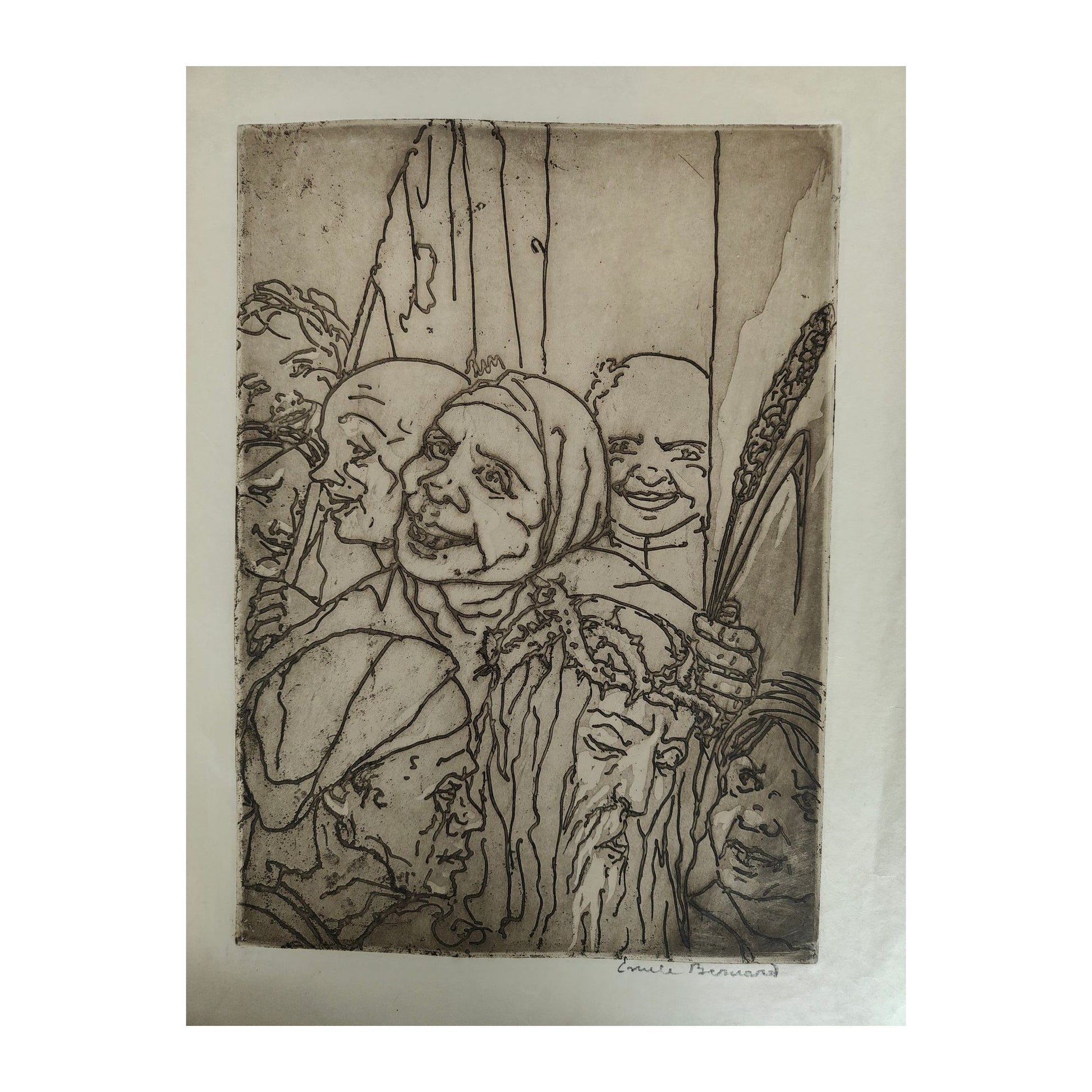 Eau-forte originale Et les valets souffletaient Jésus-Christ d’Émile Bernard, extraite de La Fin de Satan (Victor Hugo, 1935), signée au crayon, tirage limité.