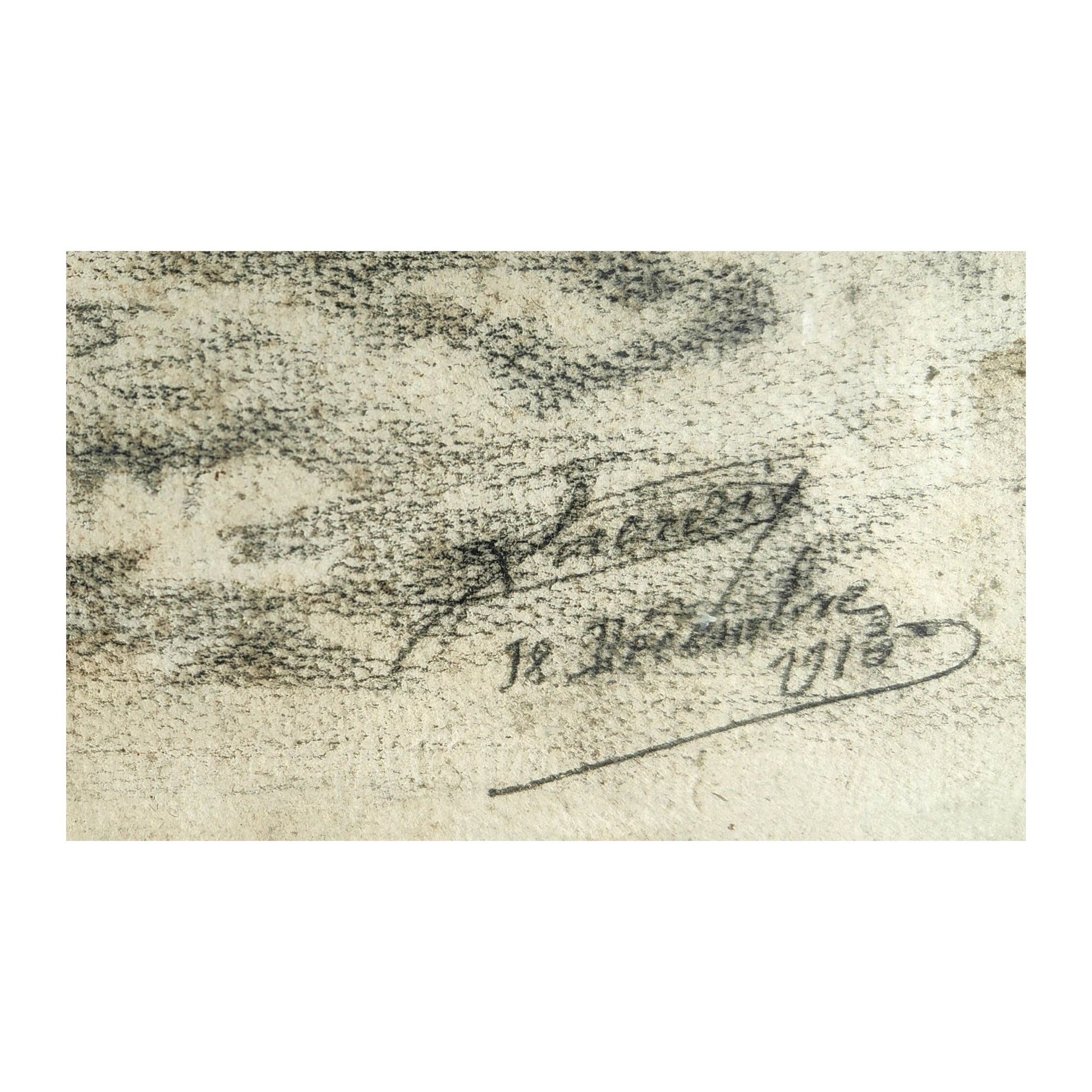 Grand dessin au crayon représentant une charge de cavalerie datée du 18 décembre 1916, scène militaire de 1916 dans un encadrement soigné