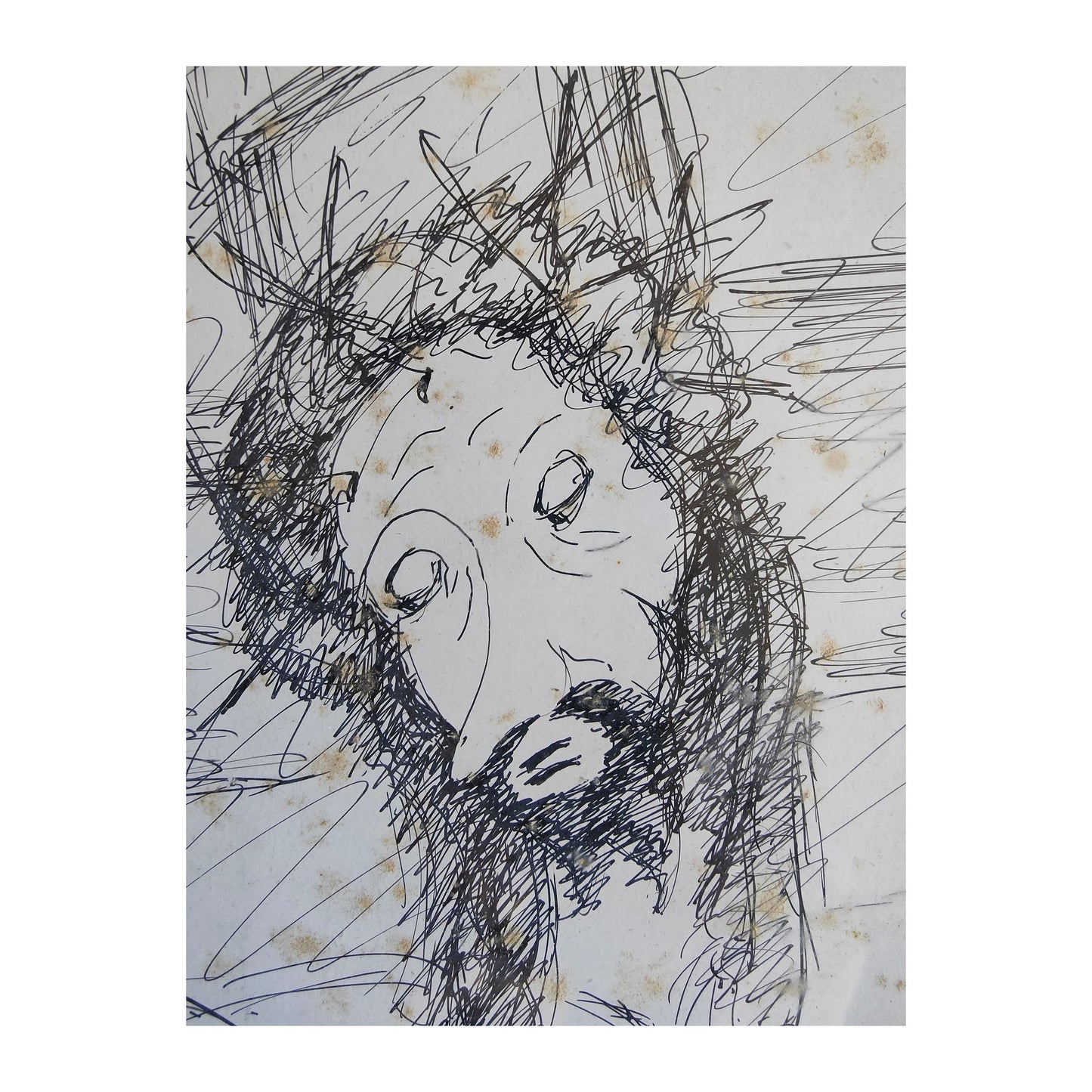 Dessin à l’encre intitulé Le Crucifié par Armand Nakache, signé et daté 1948, œuvre encadrée au format 46 x 52 cm