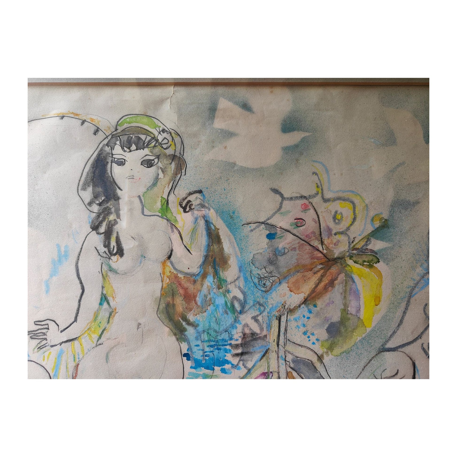 Grande aquarelle Les Femmes au bain de Ludwig Klimek, œuvre signée et datée 1969, encadrée sous verre, format 86 x 72 cm.