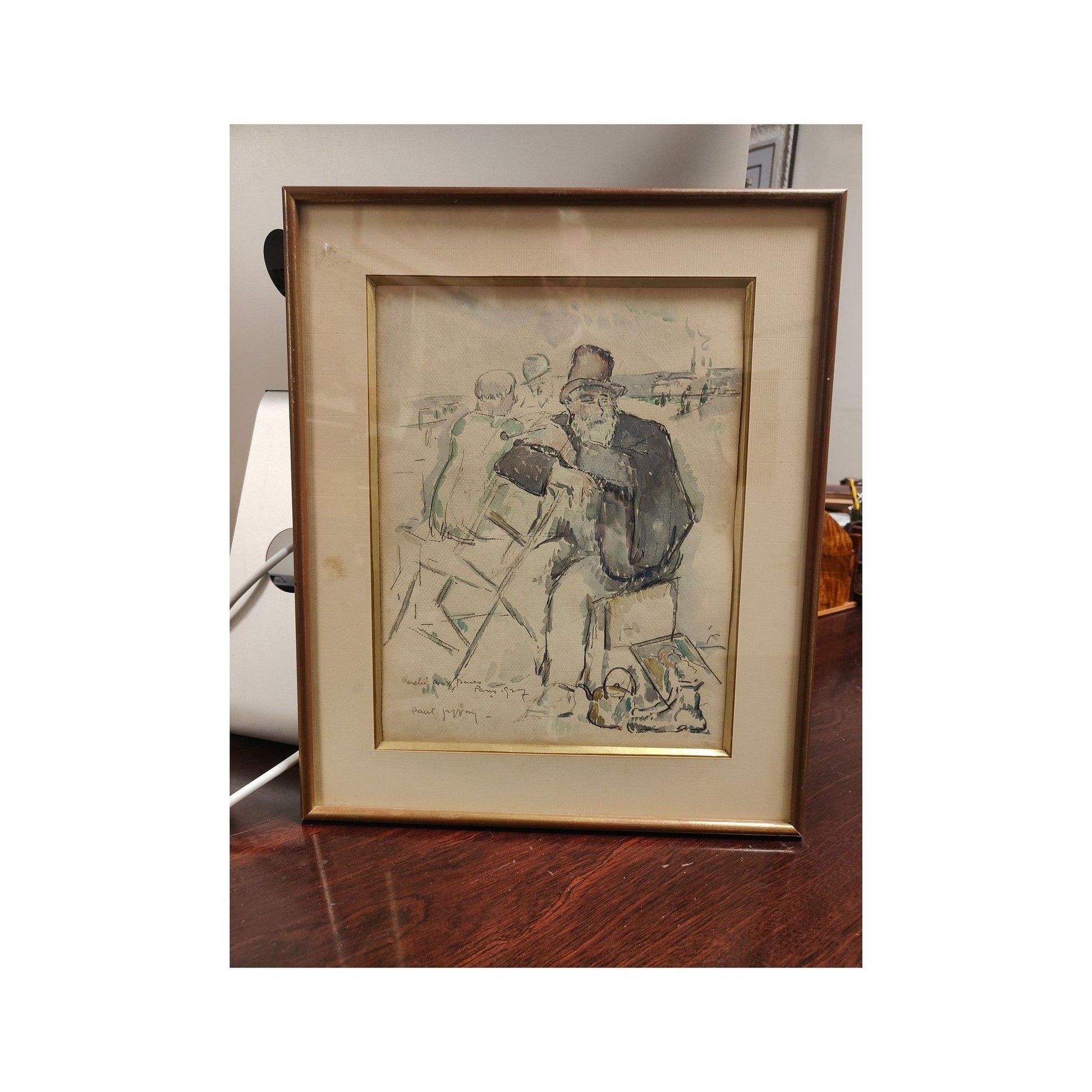  Aquarelle marché aux puces Paris 1927, scène de rue parisienne, signée Paul Jeffay, encadrée 35x42cm 